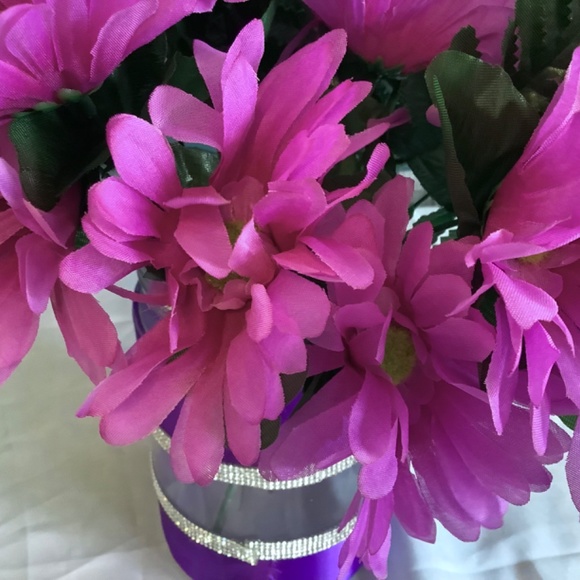 Vase embellished with purple satin ribbon & rhinestones with silk Gerber… - Picture 2 of 4